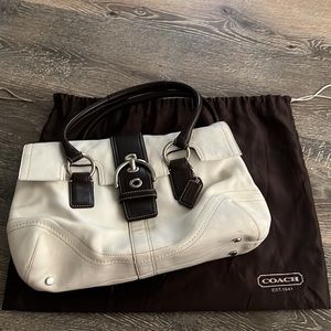 Signature Coach White Leather Purse with Brown and Silver Accents